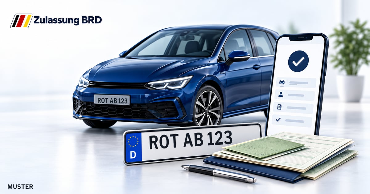 Online Fahrzeugzulassung in Rotenburg ob der Tauber: Musterkennzeichen ROT AB 123, Auto und Fahrzeugpapiere und Smartphone. Illustration mit Logo von Zulassung BRD.
